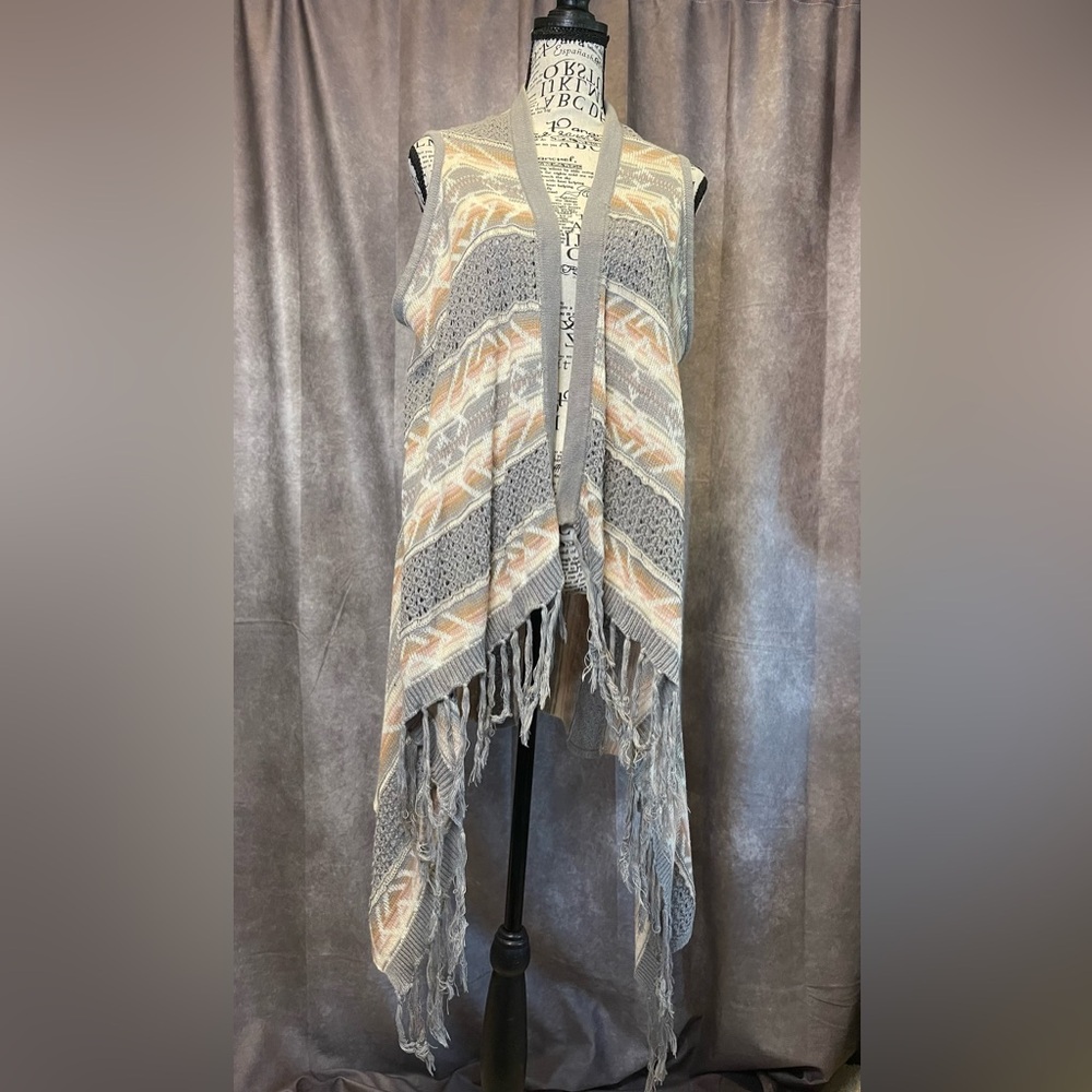 Say What? Knit Waterfall Vest in Gray and Cream with Fringe.